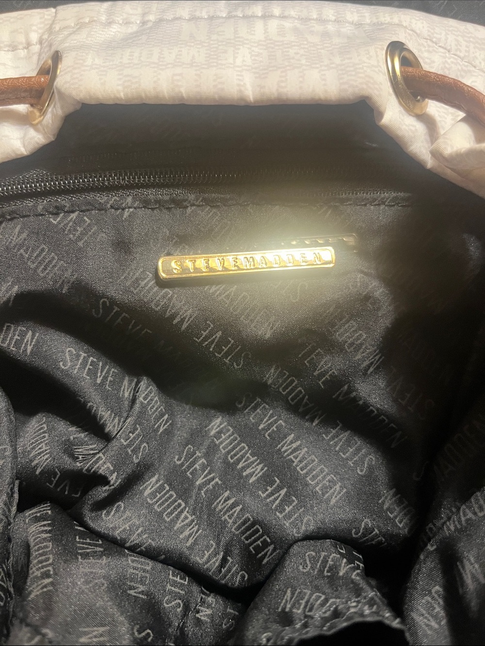 Steve Madden Solly White Canvas Backpack/Purse Brown Faux Vegan Leather Trim - Picture 6 of 8